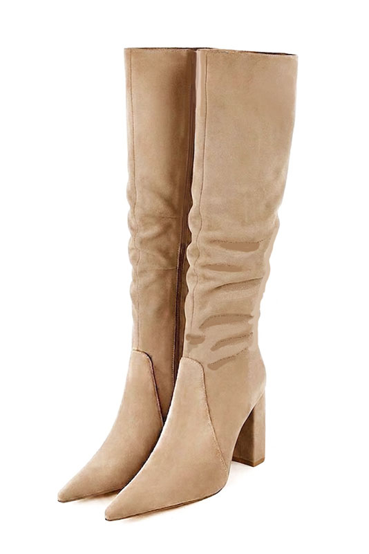 Dress custom-made formal knee-high boots in tan beige leather with high block heels and pointed toe - Front view